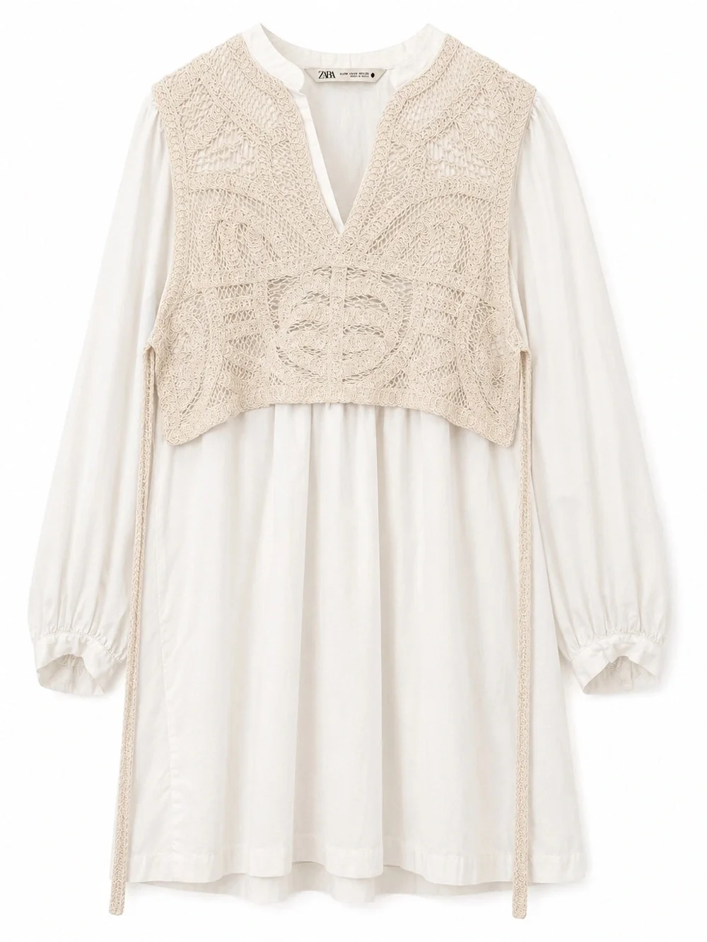 ZARA White Crochet Overlay Mini Dress Side Tie Boho Size M - Picture 2 of 3
